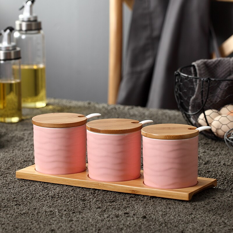 Keramische Specerij Opslag Jar Creatieve Keramische Keuken Kruiden Tank Set Olijfolie Fles Suiker Zout Shaker Kruidkruik: pink bw