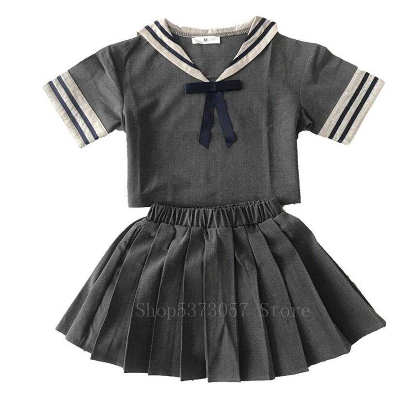 Børne skoleuniform sømandssæt baby kawaii piger grå stribet krave japansk kortærmet skjorte plisseret nederdel chorus jk sæt 160cm: Højde 160cm