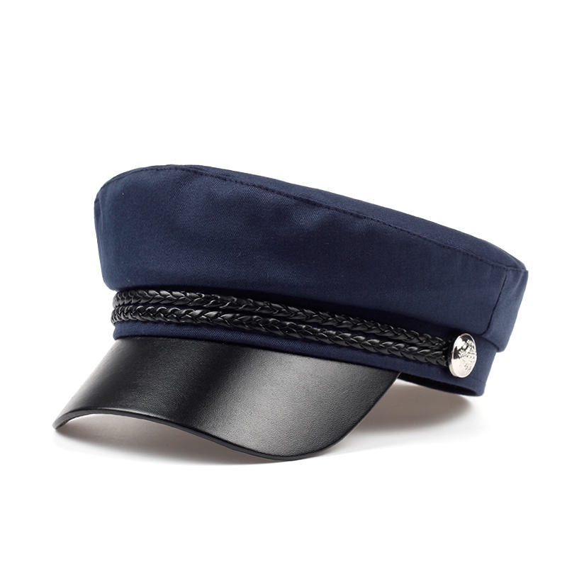 2019 chapeaux pour femmes, printemps, 100%  chapeaux en coton bleu marine, cuir noir, couronne fixe, boucle argentée, chapeau chaud d'hiver, bérets, casquette: Marine