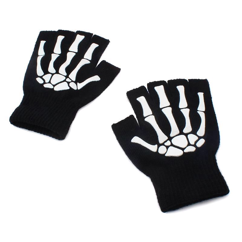 Unisex Cool Fluorescerende Skelet Handschoenen Gebreide Half Vinger Handschoenen Zwart Wanten Schedel Handschoenen Ridding Breien Lichtgevende Handschoenen