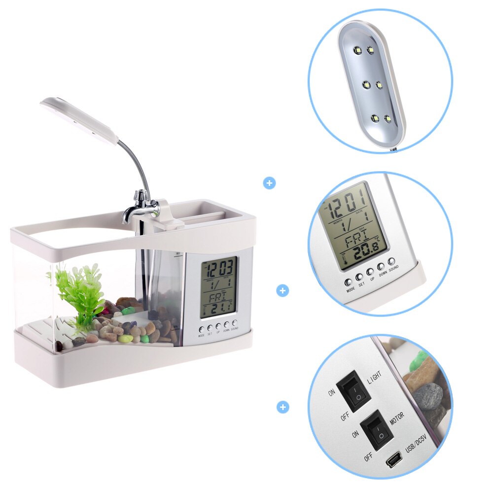 DADYPET-Acuario con pantalla LCD y reloj, Mini pecera con luz LED para lámpara, USB