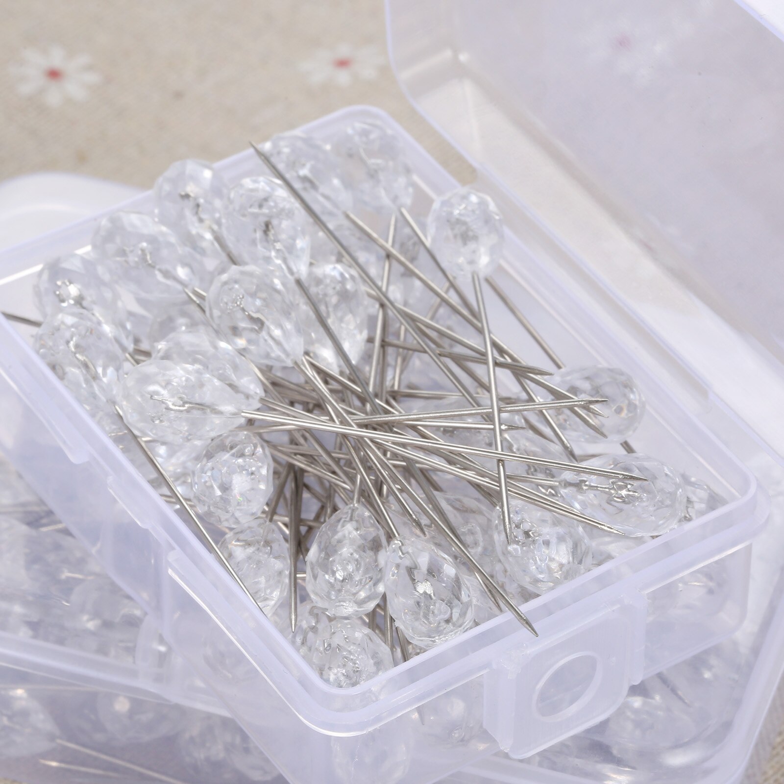 100Pcs(2 Boxes) Clear Diamond Tailor Sewing Garment Straight Pins Wedding Corsage Boutonniere Floral Bouquet Fixed Pin Thumbtack