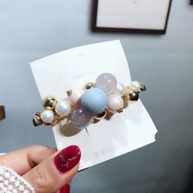 Geometric Hairpin - Imitation Pearl & Rhinestone - Trendy Korean Sweet Style - Women's Hair Accessories: Light blue