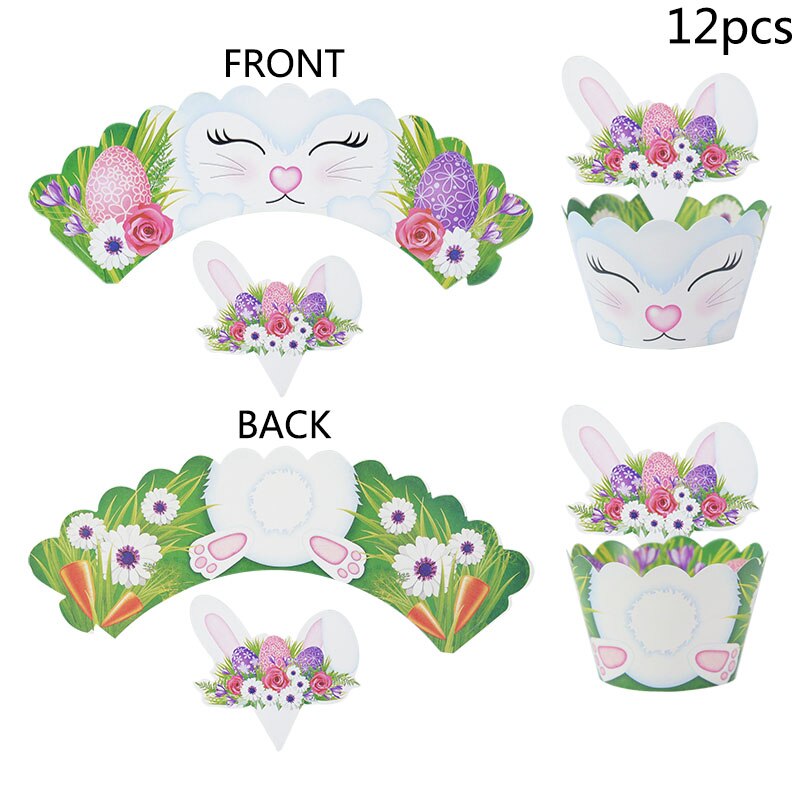 12pcs/set Cute Rabbit Paper Cupcake Wrapper Easter Bunny Cake Toppers Year Kids Birthday Party Cake Decorations