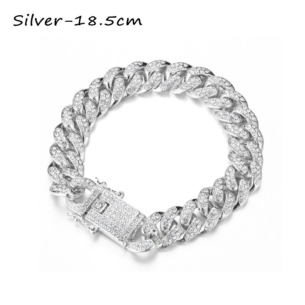 1Pc 14K Vergulde 12Mm Breedte Diamond Cubaanse Armband Luxe Shiny Hip Hop Ingelegd Rhinestone Link Chain vrouwen Mode Armband: Silver-18.5cm