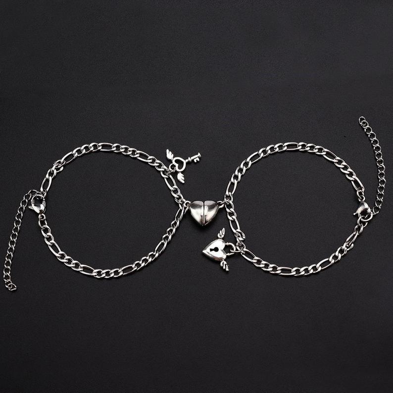 2Pcs Heart Magnet Bracelet for Lovers Stainless Steel Angel Wing Lock Couple Bracelet Heart Charm Friendship Jewelry: B Couple Bracelet