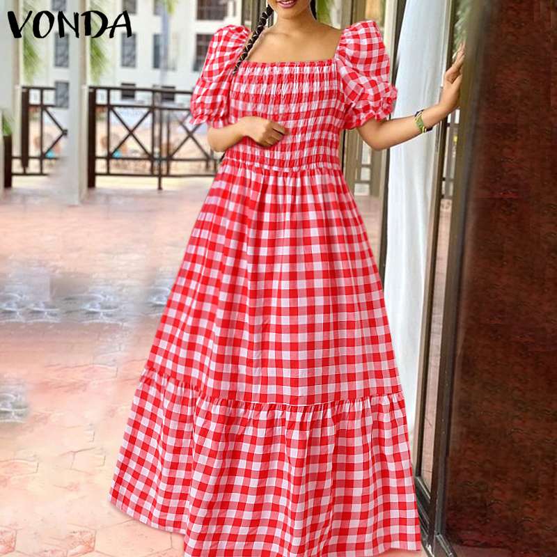 Plus Size Summer Dress 2022 VONDA Short Lantern Sleeve Square Collar Vintage Bohemian Plaid Dresses Femme Party Vestidos