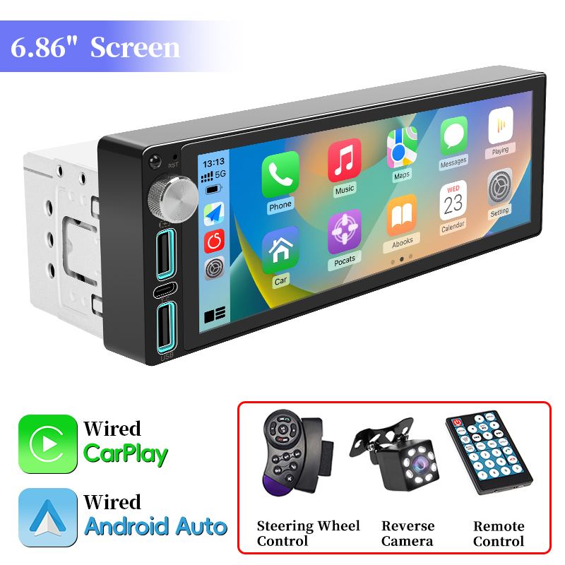 Radio de coche Audio 1Din Universal 6,86 pulgadas reproductor de vídeo Multimedia para coche pantalla IPS Bluetooth 5,0 USB/tipo-c carga soporte cámara: Rojo