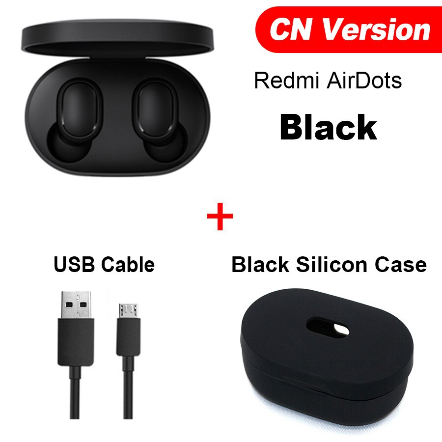 Original Xiaomi Redmi Airdots Xiaomi TWS Wireless Earphone Handsfree Voice Control Bluetooth 5.0 Noise Reduction Tap Control: CN Cable Black Case