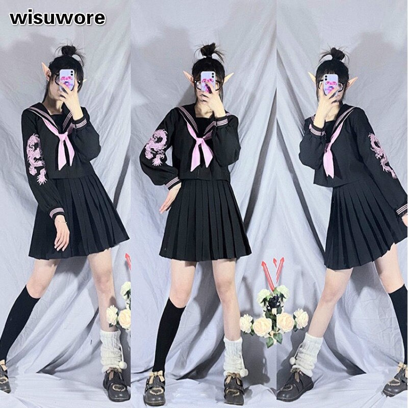 Jk Uniform School Girl Silver Dragon The Embroidery Uniform Gothic Styl Women Student Full Sets Clothes