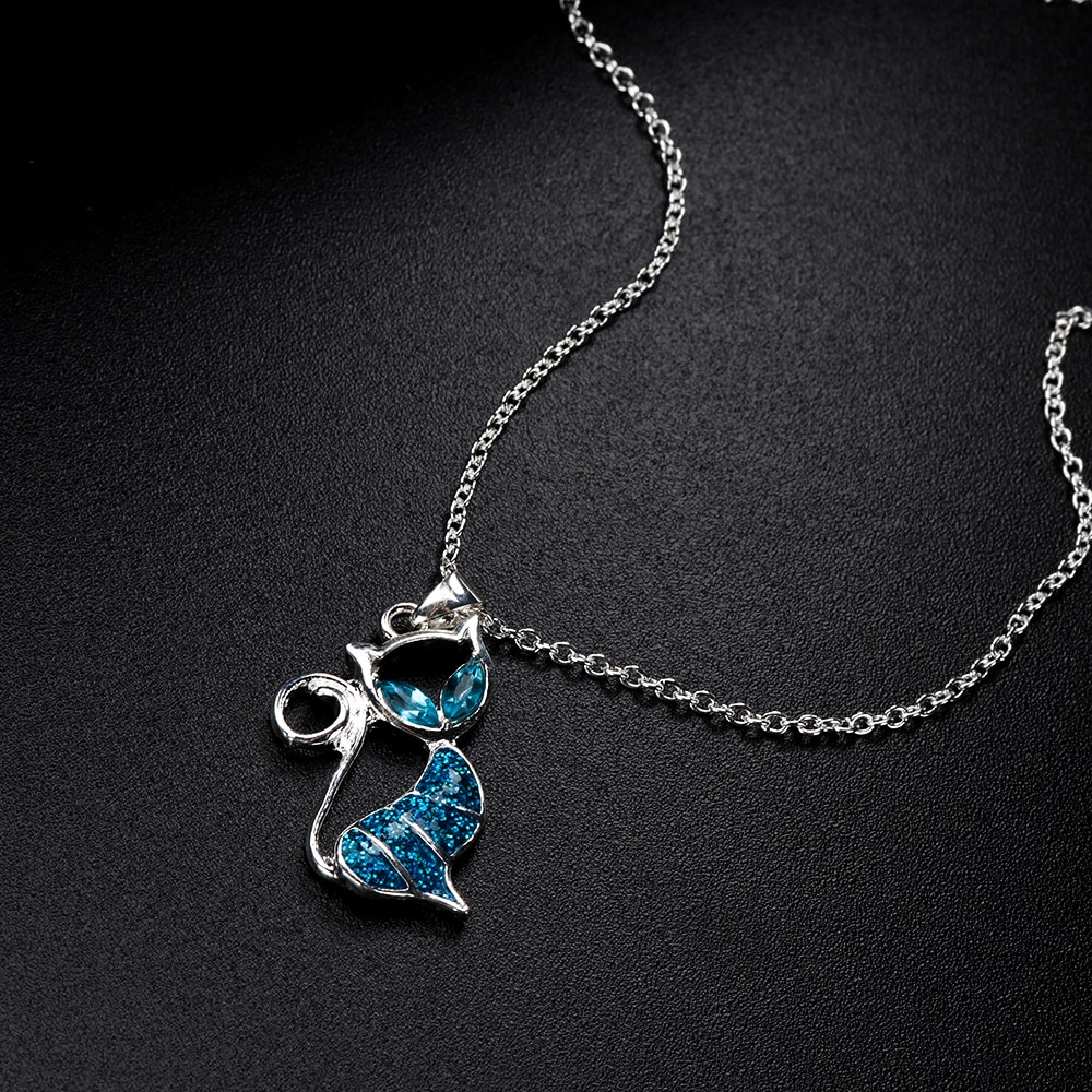 1pc Cute Cat Pendant Blue Opal Necklace Women's Animal Jewelry Trendy Jewelry for Women