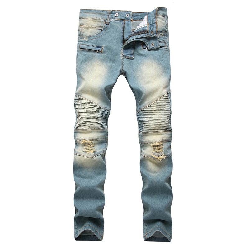 Hi-Street Mens Ripped Rider Biker Men Jeans Retro Motorcycle Slim Fit Washed Blue Moto Holes Punk Denim Skinny Pants Plus Size