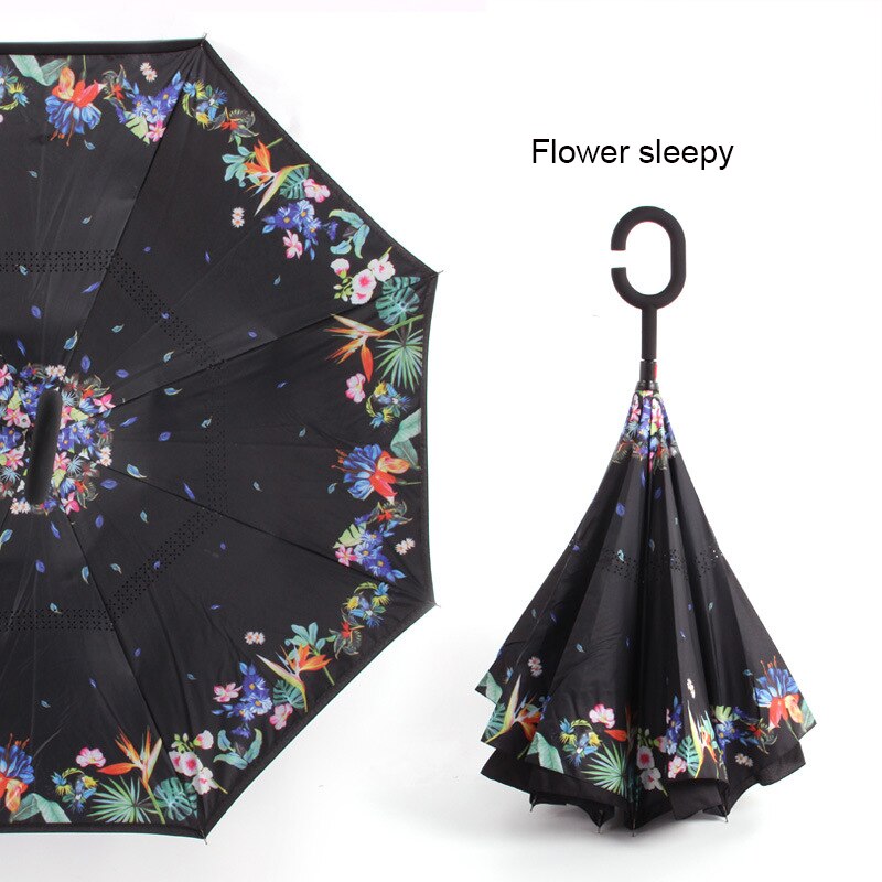 Windproof Reverse Folding Umbrellas Double Layer Inverted Umbrella C Handle Stand Rainy And Sunny Women Men: flower sleepy