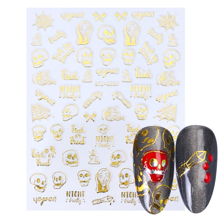 Halloween negler svarte klistremerker nail art dekaler edderkopp spøkelse gresskar kult skummelt skyveomslag negledekor manikyr chstzg 032-040: Stzg 035 gull