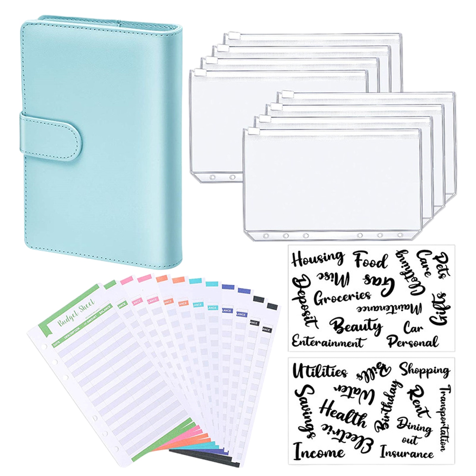 A6 Binder Zipper Bag Notebook Leather PU Loose-leaf Book Budget Handbook With Zipper Pocket Expense Budget Sheets Letter Sticker