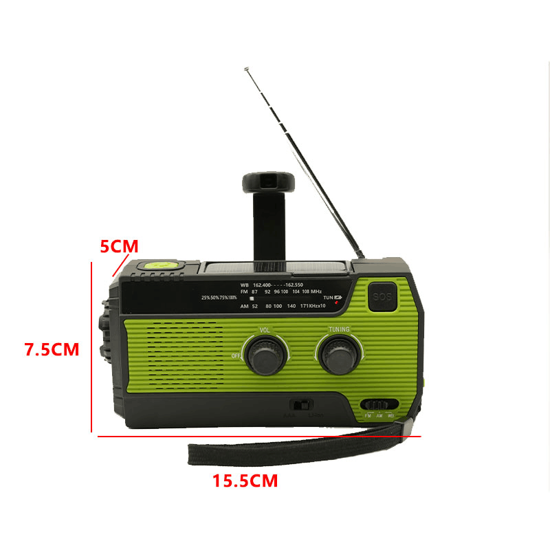 Radio fm portátil, manivela Solar, USB, carga de teléfono, Banco de energía, Radio meteorológica, alarma SOS de emergencia, linterna LED: Negro