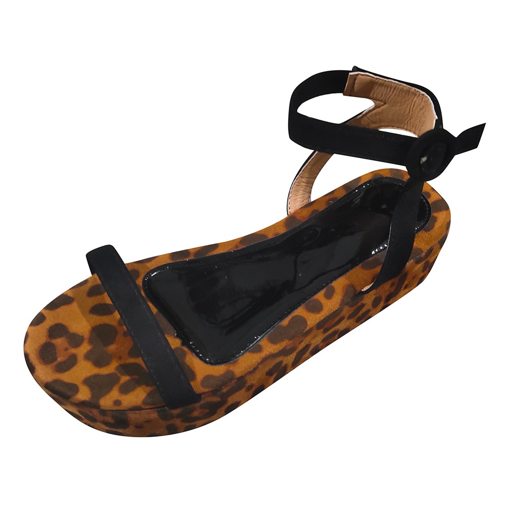 38# Wedges Shoes For Women Womens Leopard Print Open Toe Platform Buckle Ankle Straps Beach Shoes Sandals Chunky Heels