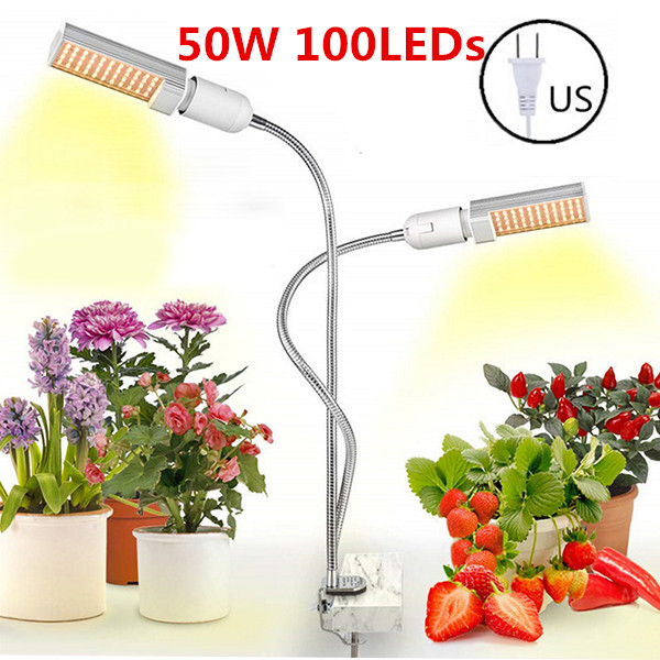Luces LED para cultivo de plantas, lámpara de espectro completo E27 de doble cabeza Flexible de cuello de cisne para invernadero, Phyto, 45W, 50W, 60W, EU/US: US 50W