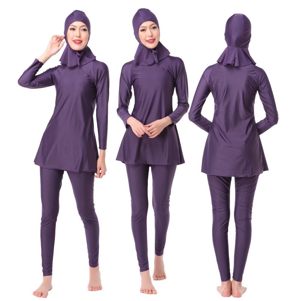 Frauen Islam muslimischen badeanzug langarm t-shirt + pants + kappen badeanzug weibliche Arabischen badende anzug volle abdeckung blau lila