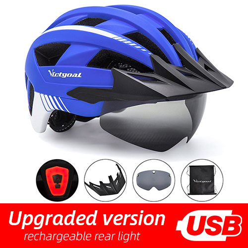 Victgoal Bicycle Helmet LED Moutain Road USB Rechargeable Light Cycling Helmet For Man Sun Visor Goggles Men MTB Bike Headgear