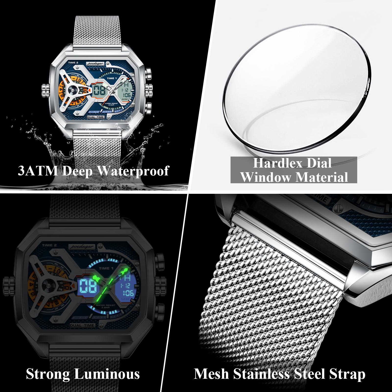 POEDAGAR, reloj de para hombre, reloj rectangular resistente al agua con fecha y semana LED para hombre, relojes electrónicos de cuarzo de acero inoxidable con malla para hombre