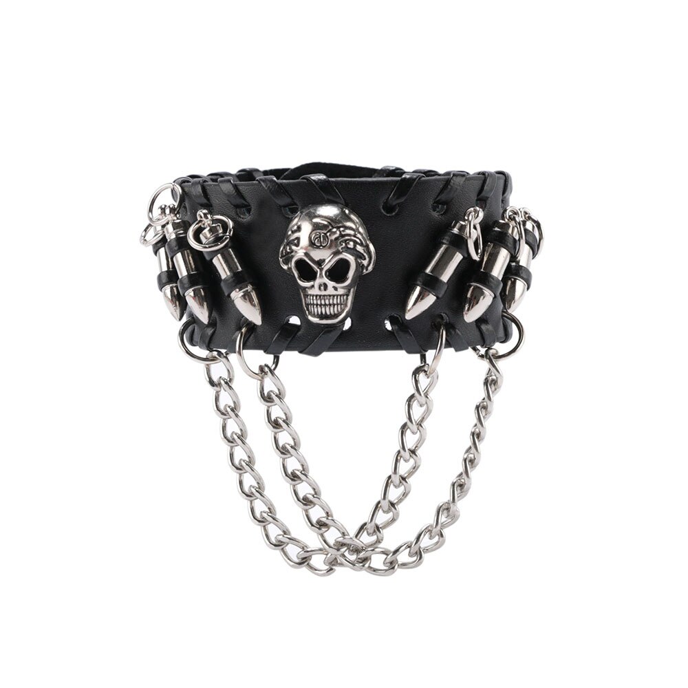 Unisex Black PU Leather Cool Bracelet Punk Bullet Wristband Adjustable Skull Metal Chain Bracelet Punk Biker Rock Gothic: Default Title