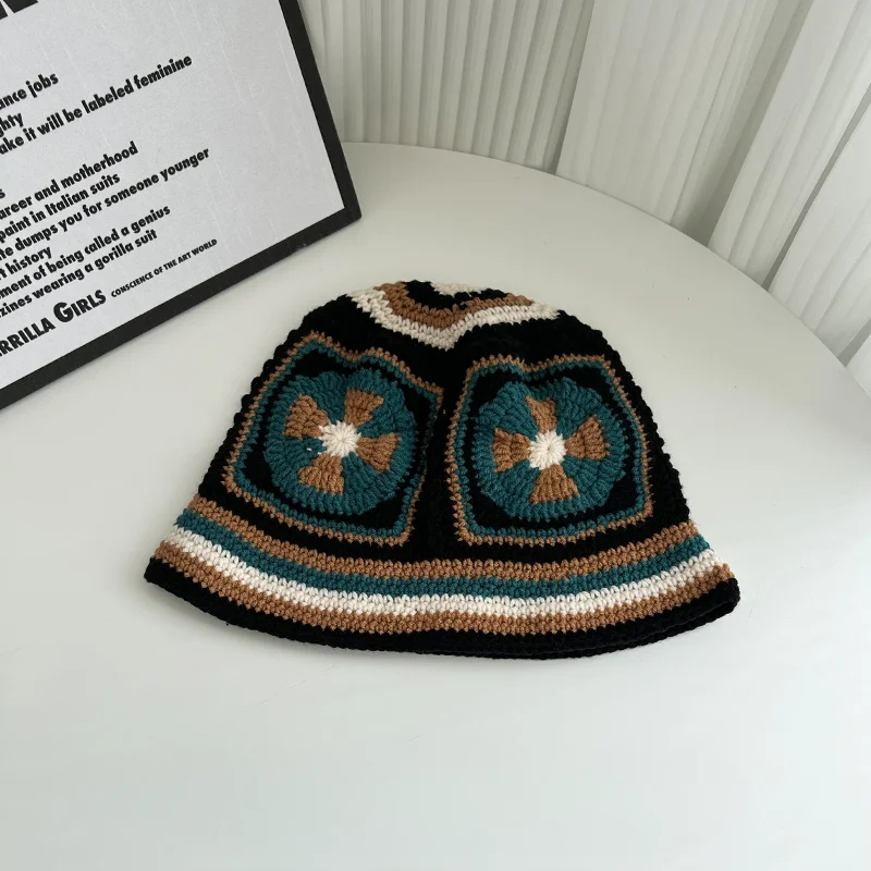 INS Korea Handmade Crochet Bucket Hats for Women Y2k Vintage Summer Beach Hat Flower Hollow Knitted Bob Sombreros Bonnet Caps
