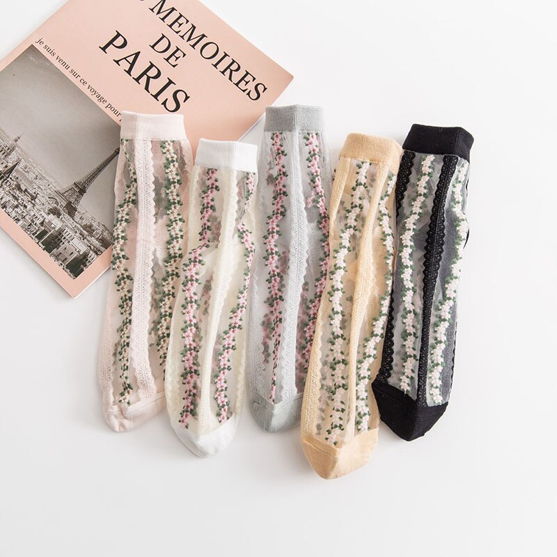Damstrumpor blommiga strumpor för kvinnliga broderier genomskinliga tjejer svart patchwork sox fräsch färg damstrumpor