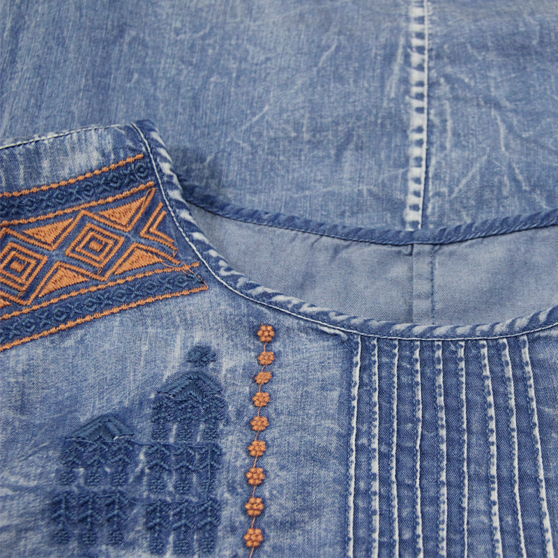 Chemisier femmes Yuzi. may Boho Denim femmes Blouses col rond lanterne manches Vintage broderie Blusas Femininas B9281 Blusa