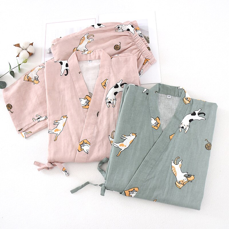 Japanse Stijl Kimono Katoen Nachtkleding Hoge Nachtkleding Dagelijks Nachtjapon Lingerie Sexy Leuke Pyjama Set Femme Pyjama