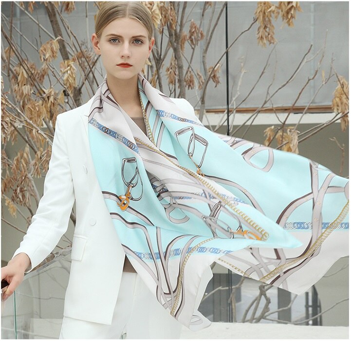 Nyeste vintage 100%  silketørklæde kappe kvinders lange sjal indpakker fest tilbehør lyseblå l ' 175*55cm