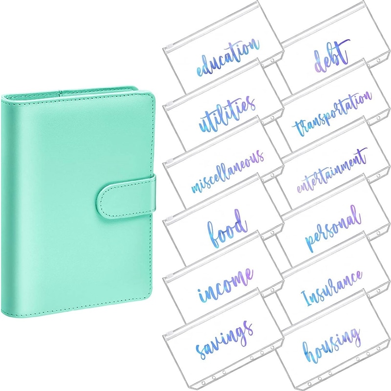 A6 PU Leather Notebook Magnetic Personal Planning Binder with 12 Binder Pockets Binder Zipper Folder for Bill Planner: green