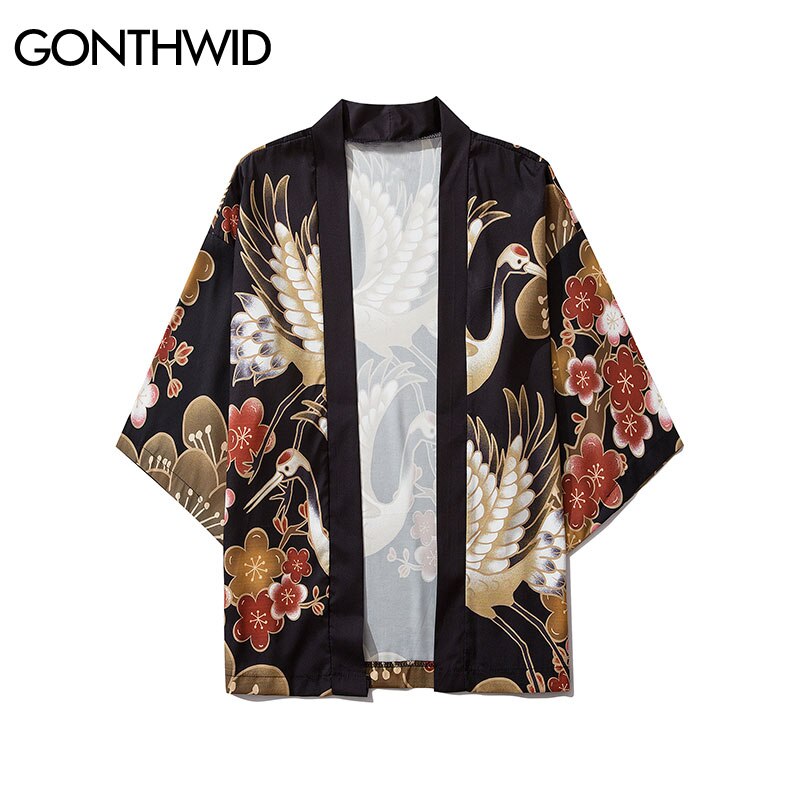 GONTHWID Harajuku Japanese Cranes Cherry Blossoms Floral Print Kimono Cardigan Shirts Streetwear Mens Summer Casual Jakcets Tops