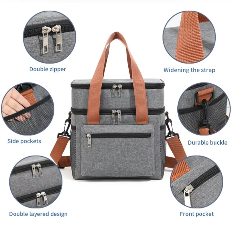 Thermal Lunch Bag Double Layers Large Capacity Lunch Boxes Bags Portable Crossbody Picnic Food Drink Storage Bag Cooler Tote