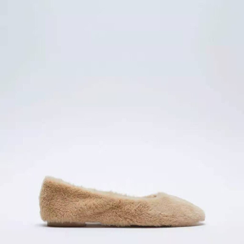 ZA Single Maomao Shoes Light Beige Fur Plush Flat with Ballet Shoes Winter warm Boat shoes for women