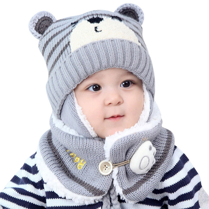 Unisex børn tegneserie bjørn stribe hatte og tørklæde baby kasket sæt pige dreng kasket tørklæde sæt barn vinter ørebeskyttere hat tørklæde varm dragt: Grå