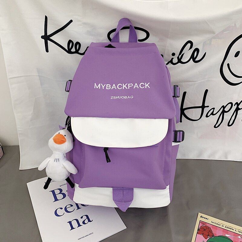 Large Capacity Waterproof Nylon Backpacks Unisex Multi-pocket Travel Bag College Schoolbags for Men and Women Kawaii Backpack: Purple / with Pendant