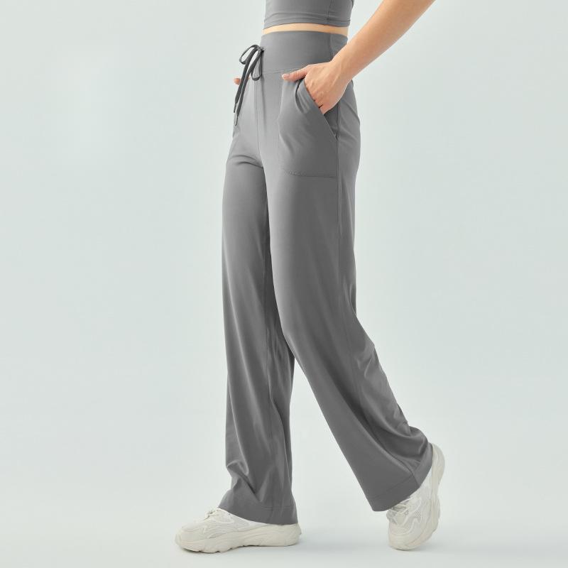 Frauen Hohe Taille Kordelzug Yoga Hosen Lose Breite Bein Einfarbig Fitness Laufen Sport Hosen frau kleidung: M / Grau