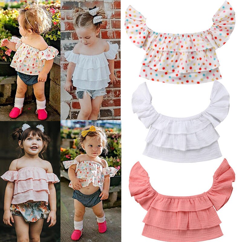 Newborn Kid Baby Girls Summer Blouse Off Shoulder Ruffled Dot Tops Shirt Blouse Child Summer Clothes Baby Girl 0-3T