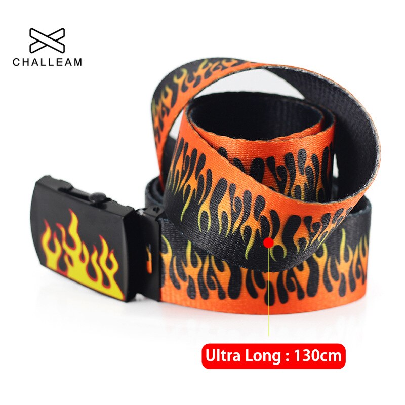 Ceinture longue imprimée flamme pour hommes et femmes, unisexe, en toile unie, , Jeans, sangle à boucle métallique, 130cm, 379