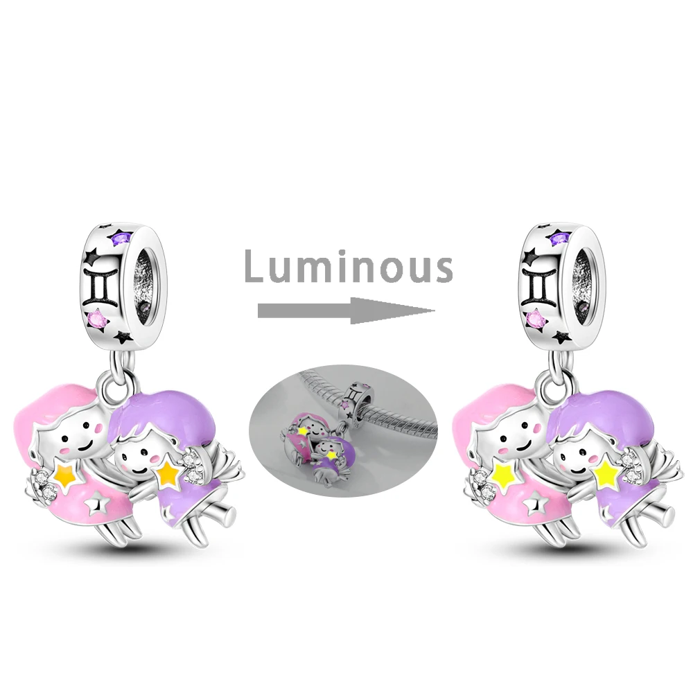 Signos do zodíaco encantos originais 925 prata esterlina brilho no escuro pingentes contas caber pulseira diy jóias presente de aniversário para mulher: Lavanda