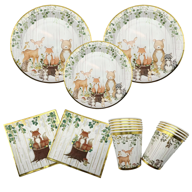 8Pcs Stamped Little Fox Disposable Paper Plate Cup Happy Birthday Picnic Party Baby Shower Jungle Party Decorative Supplies
