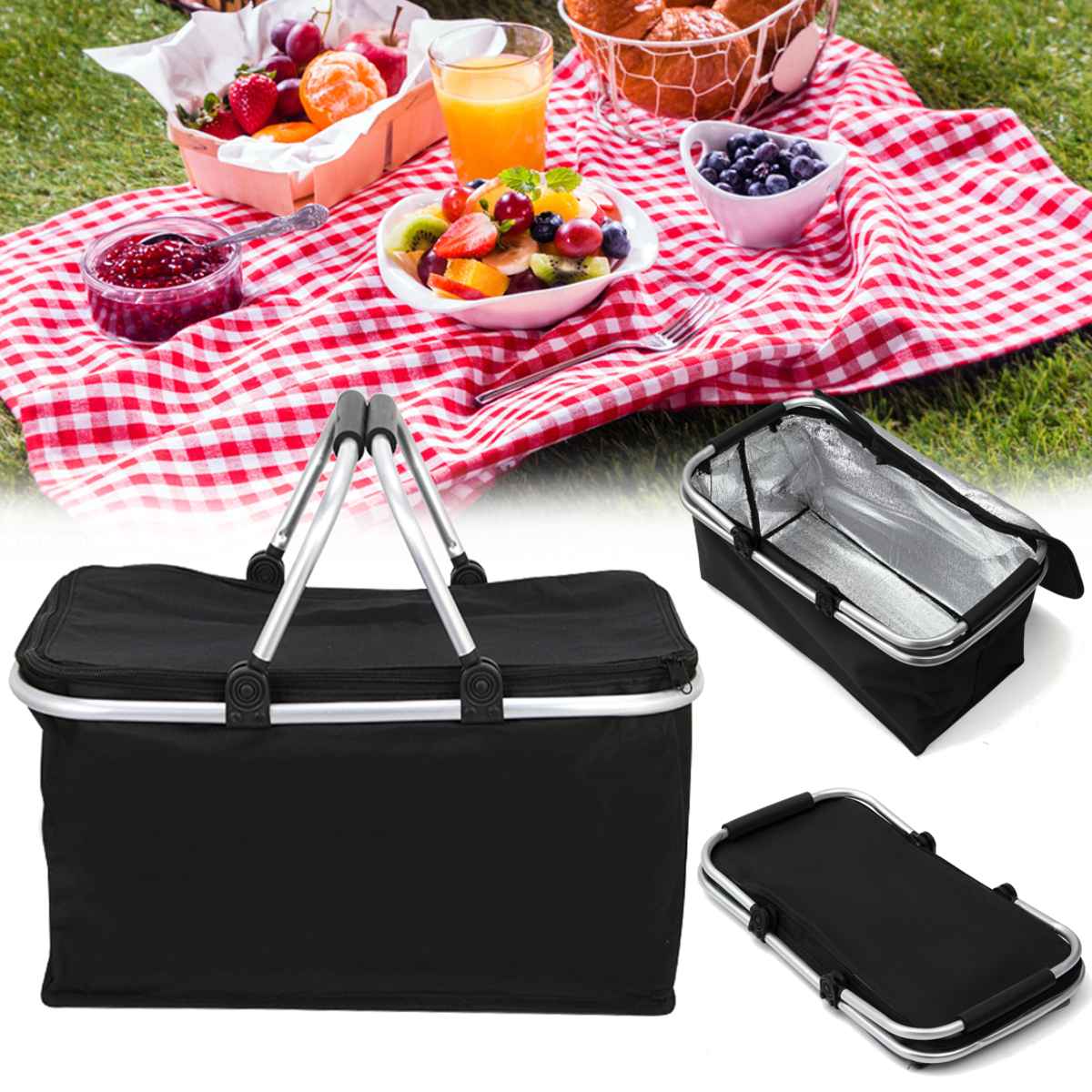 30L Picnic Basket Picnic Bag Insulated Heat Cooler Strong Aluminum Frame Waterproof Lining Collapsible For Camping Picnic