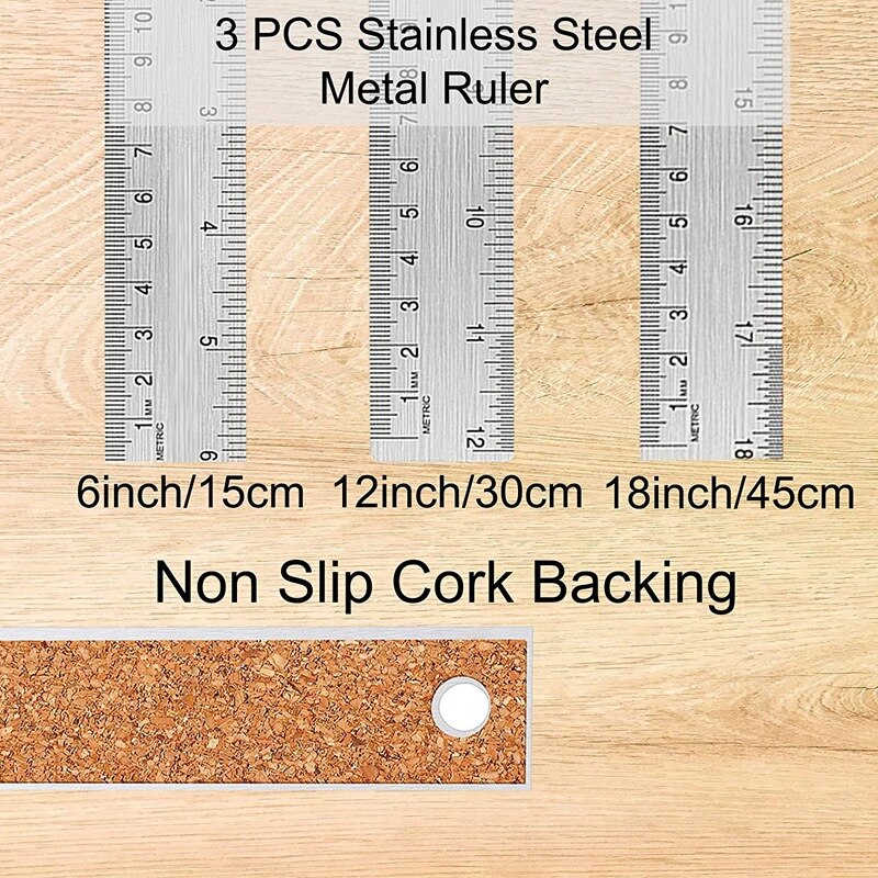 Metal Ruler:6+12+18 Inch Stainless Steel Metal Ruler with Cork Backing Non-Slip Rulers with Inch and Centimeters