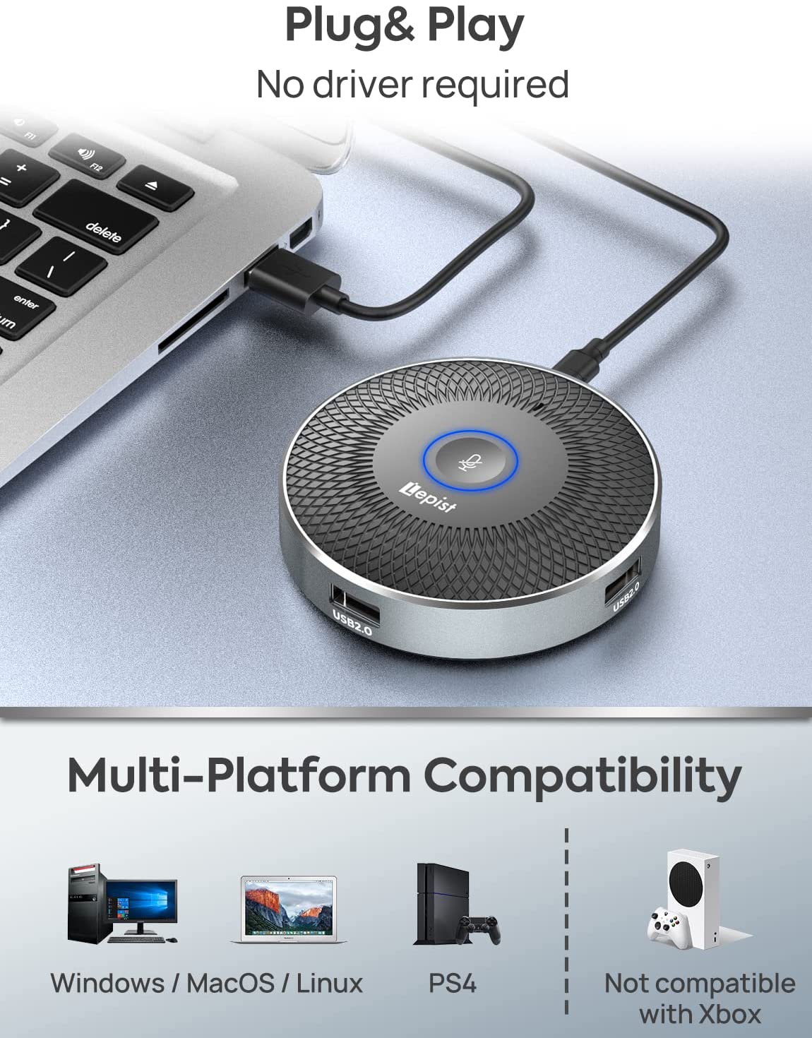 Micrófono de conferencia, micrófono portátil para computadora USB 3 en 1, 360 ° Pastilla omnidireccional para escritorio/portátil/tableta, reuniones, micrófono Skype