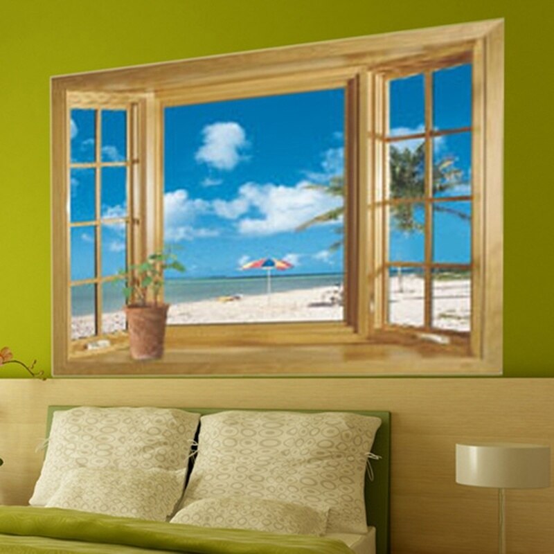 Art Mural Decal Wallpaper Living Room Decor Window 3D Print Beach View Sea Landscape Wall Stickers