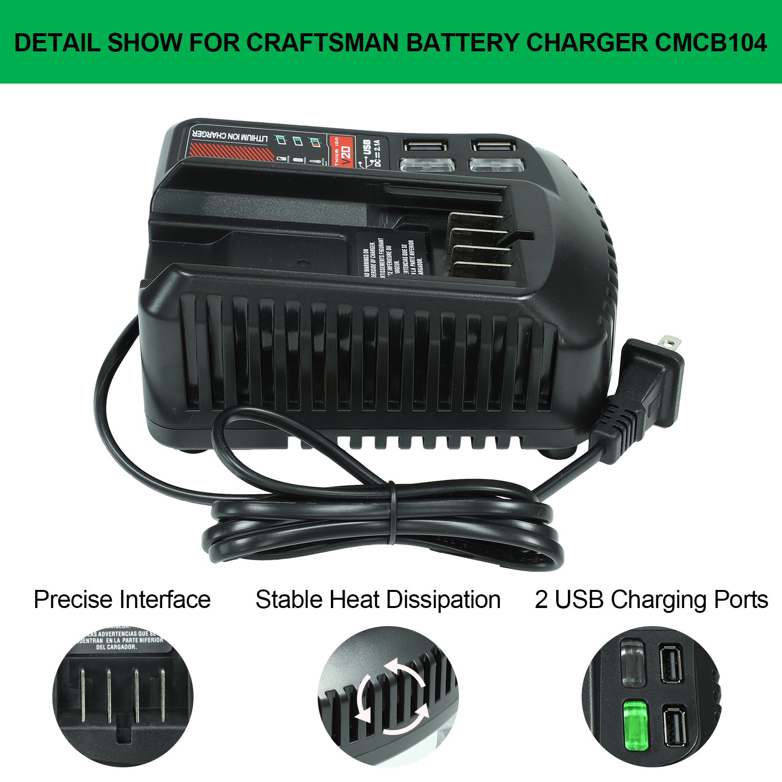 Fast Charger For Craftsman 20v 2A Li-ion Battery 100V/240V with 2 USB-A Ports Rechargeable Power Tools CMCB202 CMCB204 CMCB206