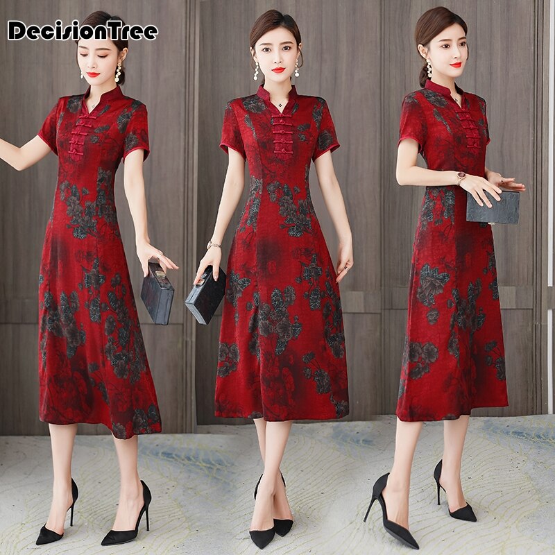 red chinese wedding party bride qipao print flower women evening dress oriental retro show cheongsam