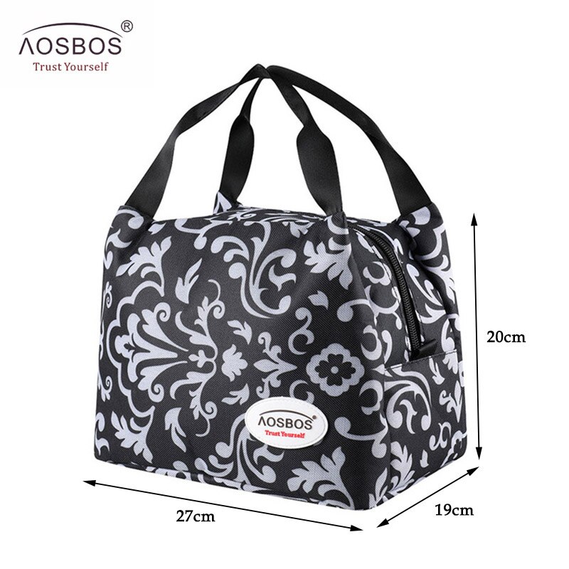 Aosbos Brand Thermal Insulated Lunch Bags Keep Food Fresh Lunch Box Bag Picnic Travel Storage for Women Kids Tote Handbag: Black flower small