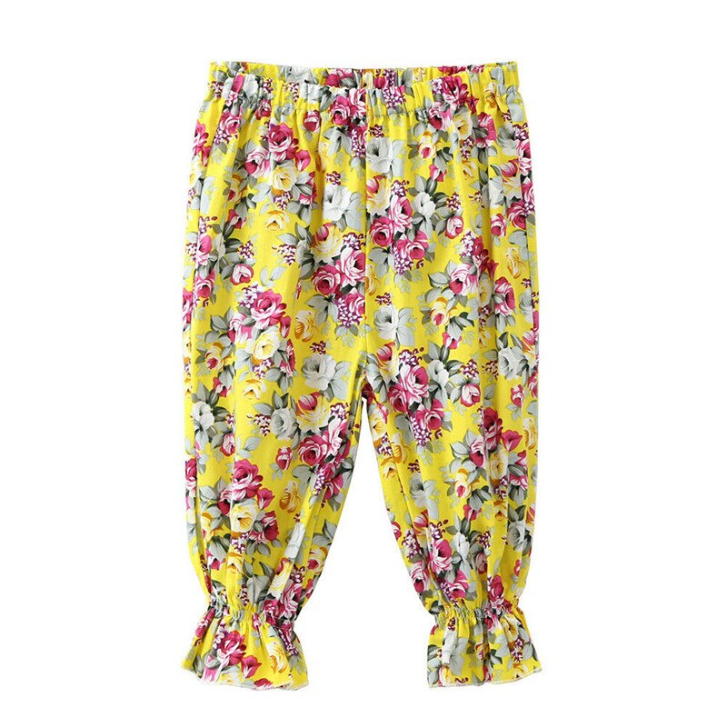 Børn baby piger bukser tøj blomstret trykt elastik talje mid wasit blomster cropped bukser pink gul marineblå